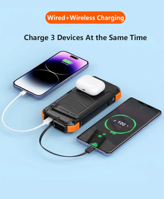 NovaGrid Hand Crank Solar Power Bank 20000mAh with 6 Solar Panel Wireless Charger Powerbank for iPhone 17 Samsung Xiaomi External Battery